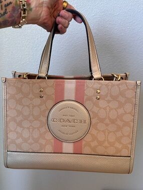 Coach Dempsey Signature Jacquard Tote with Pink Stripe